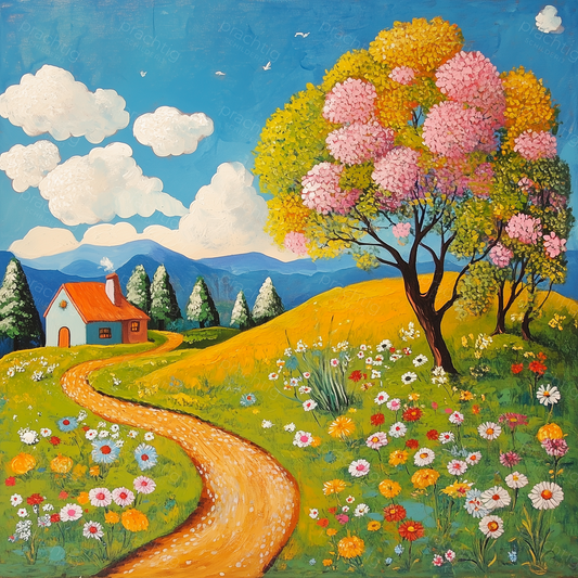 Landschap met Bloeiende Boom en Huisje