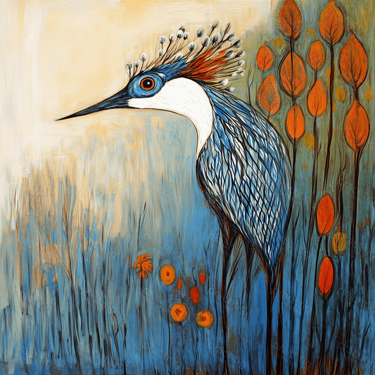 Blauwe vogel met oranje accenten