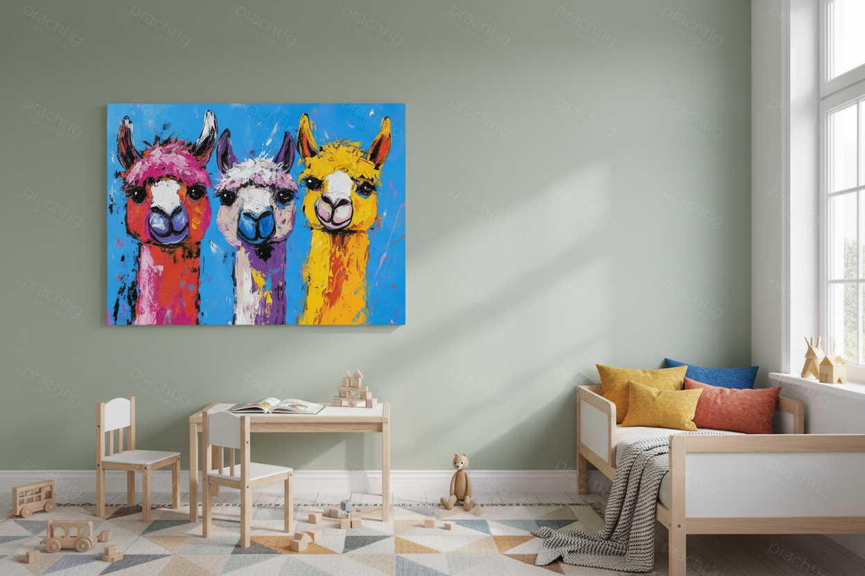 Drie vrolijke lama's op een rij