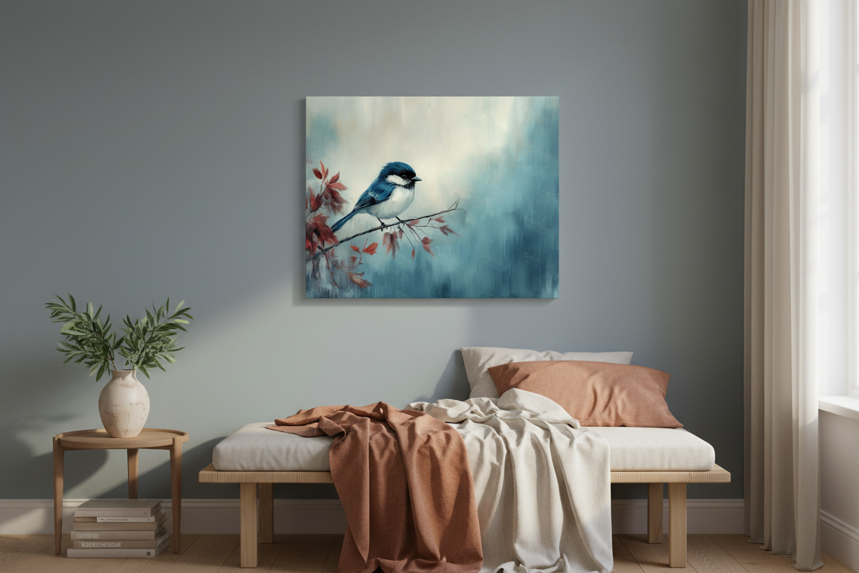 Zangvogel op Tak met Rode Bladeren
