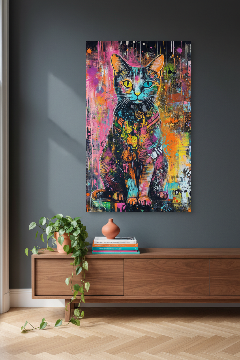 Kleurrijke kat in graffiti-stijl