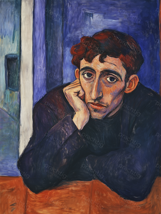 Peinzende Man in Blauwtinten