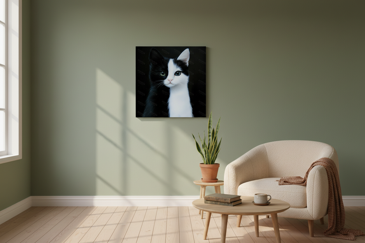 Zwart-witte kat op donkere achtergrond