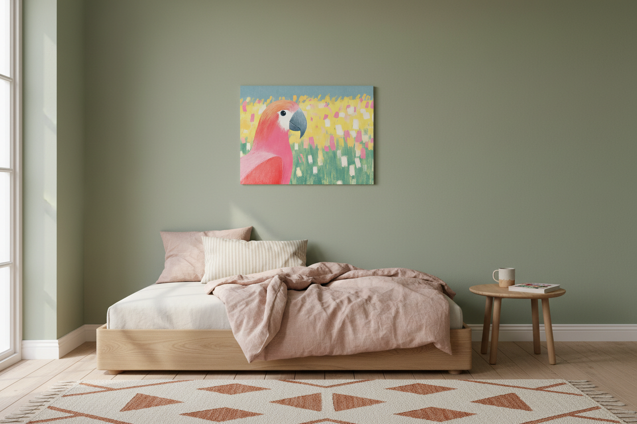 Roze vogel in bloemenveld