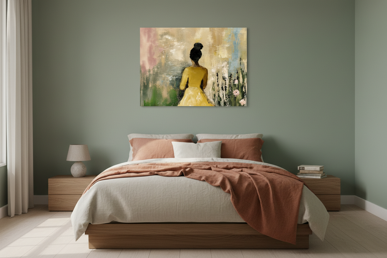 Dame in Gele Jurk met Bloemen