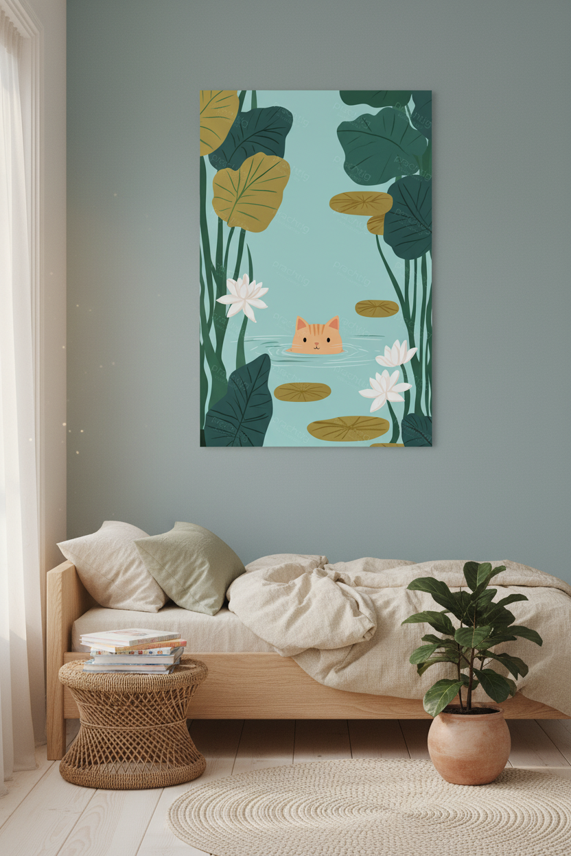 Kat in vijver met waterlelies