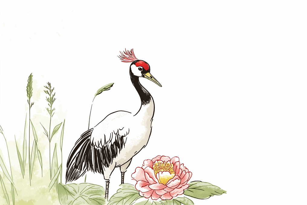Kraanvogel en Bloem in Veld
