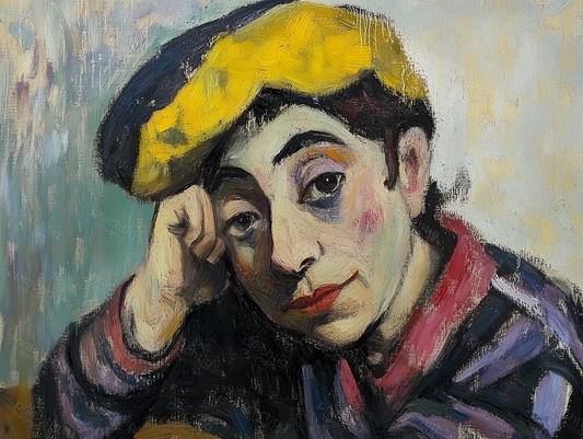 Peinzende Clown in Gele Baret