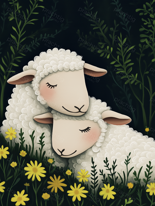 Slapende schapen in bloemenveld