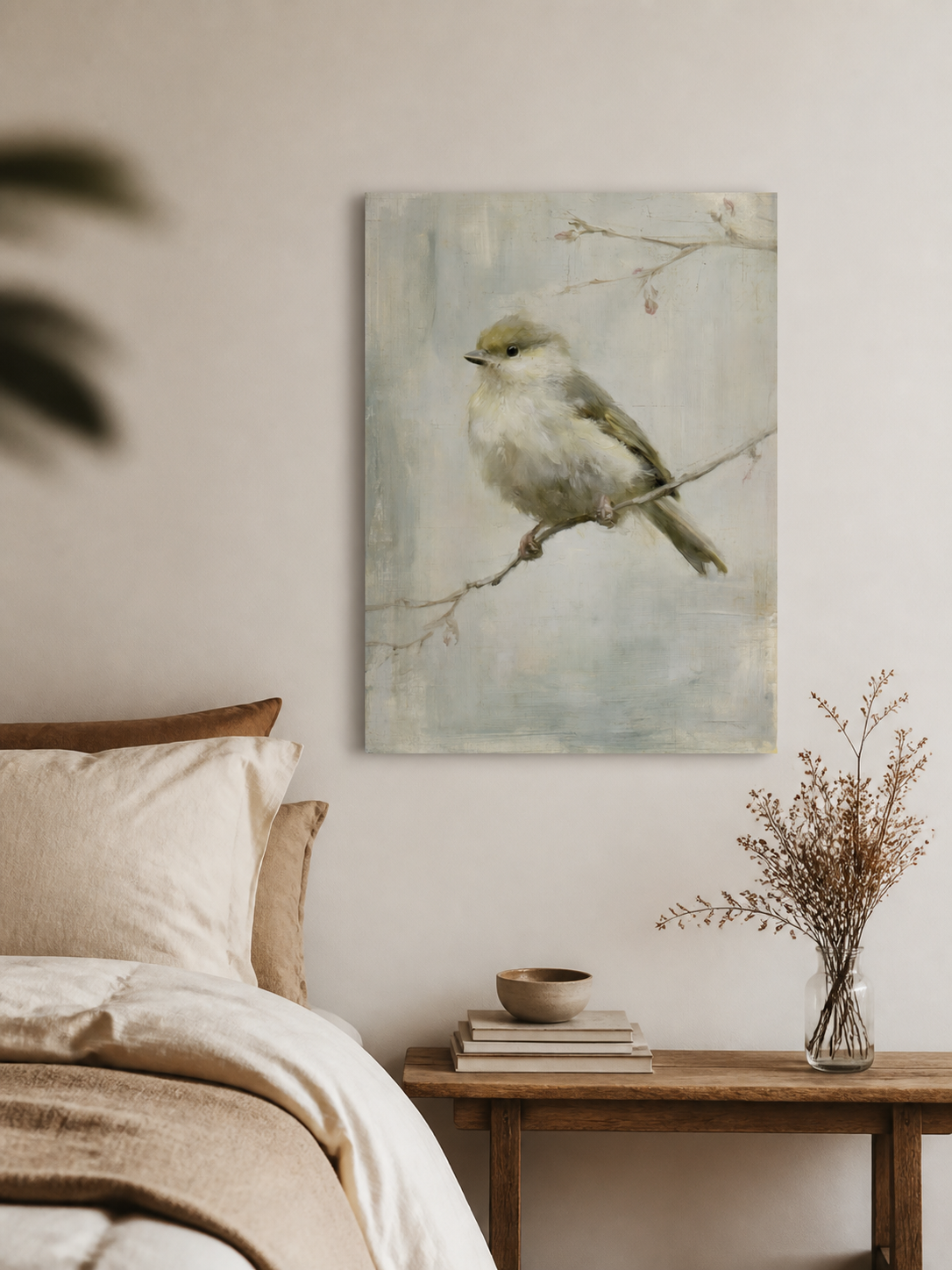 Beige vogeltje op een tak