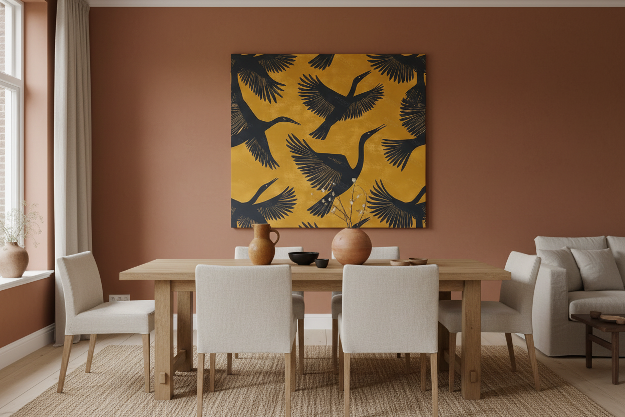 Dansende kraanvogels op okergeel