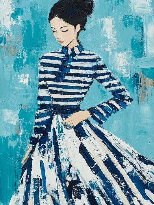 Stijlvolle vrouw in blauw-wit