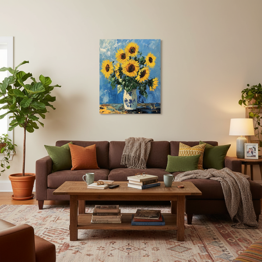 Stralende Zonnebloemen in Blauwe Vaas