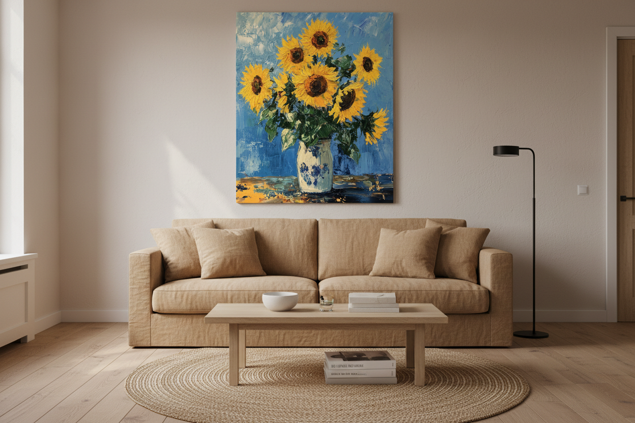 Stralende Zonnebloemen in Blauwe Vaas