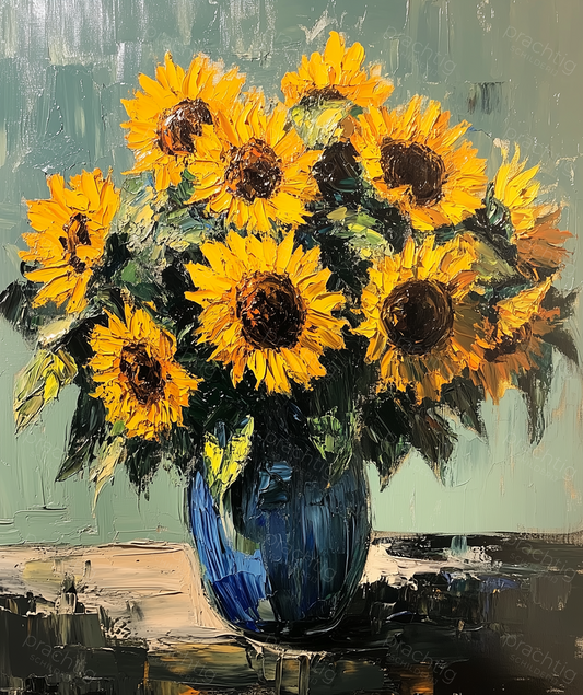Stralende Zonnebloemen in Blauwe Vaas