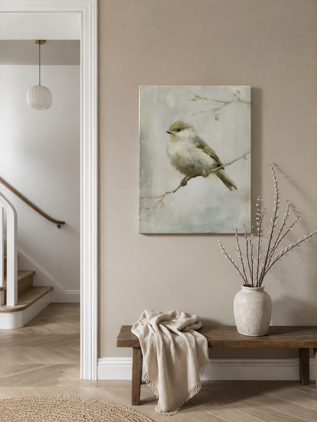 Beige vogeltje op een tak
