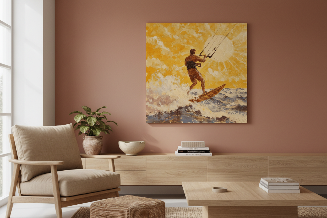 Kitesurfer in zonovergoten golven