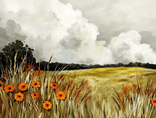 Gele bloemen onder wolkenlucht