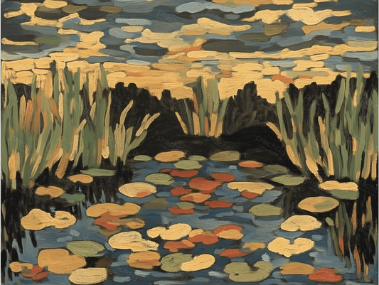 Vijver met Waterlelies bij Zonsondergang