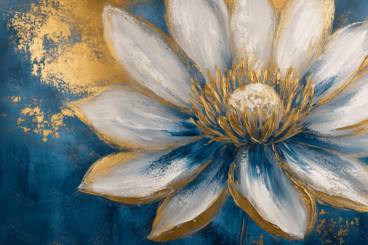 Gouden Bloem op Blauw Canvas